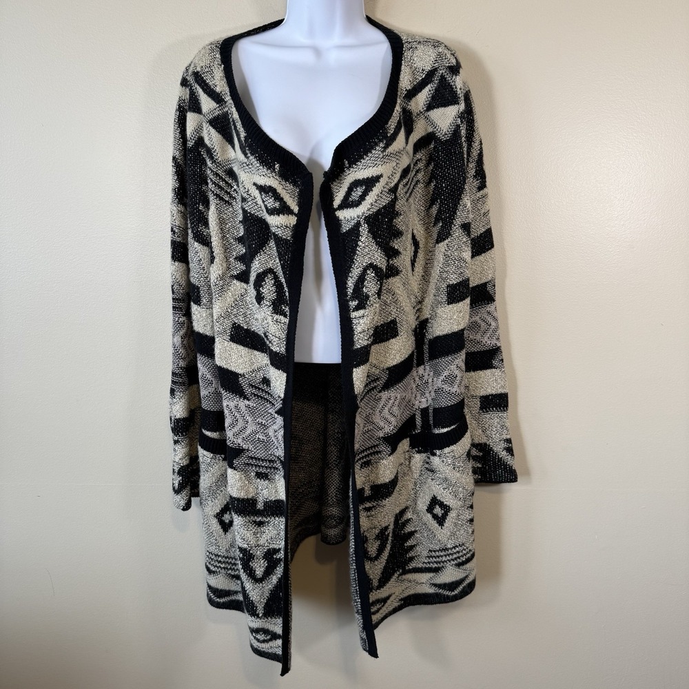 Lucky Brand Open Front Aztec Cardigan Sweater Women L‎ Tan Black Cozy Knit